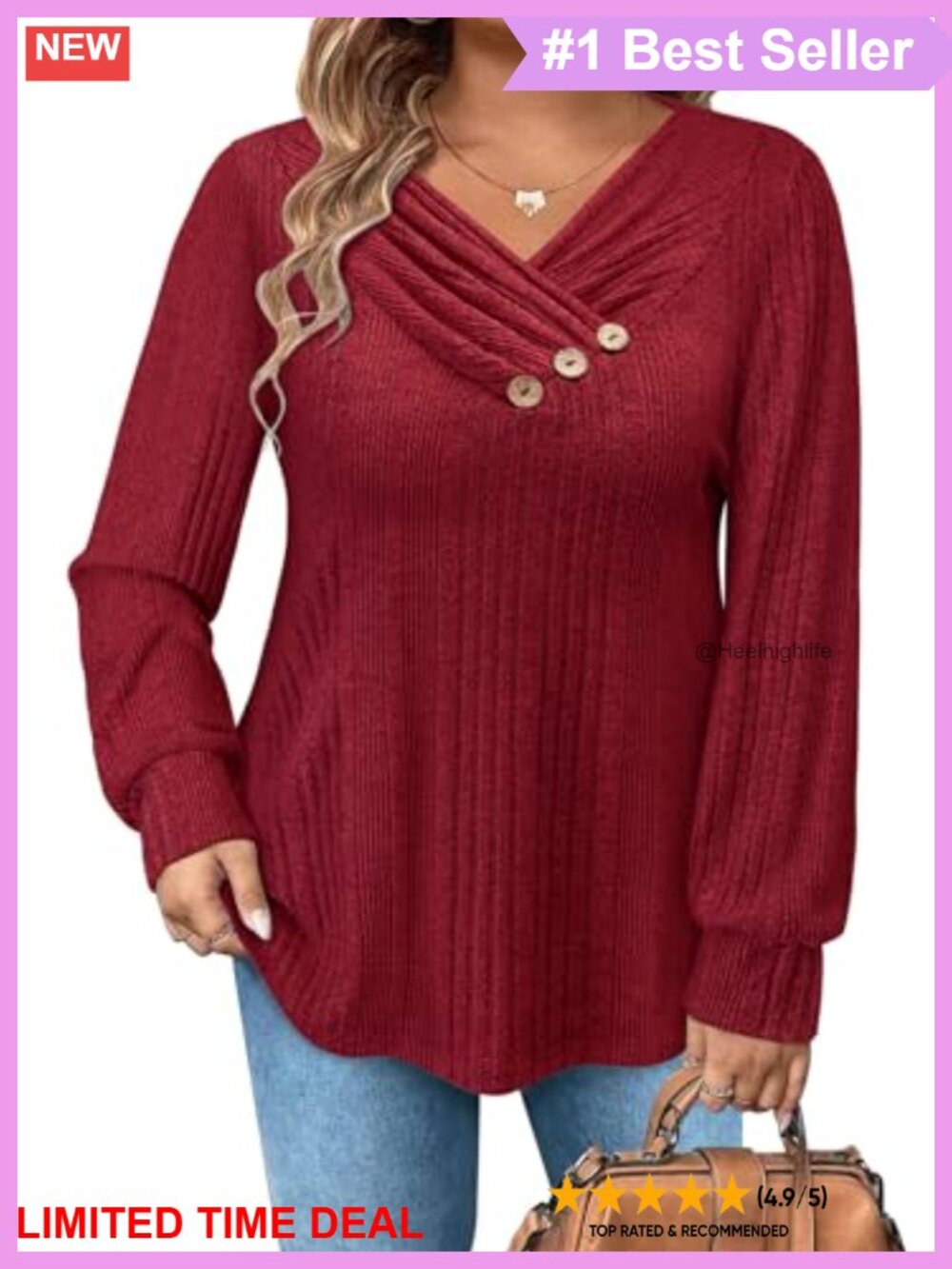 Women's Plus Size V-Neck Pullover Sweater Pleated Button Long Sleeve